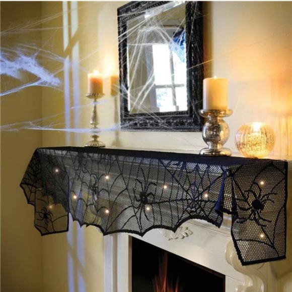 Black lace light up spider web mantel scarf 96" - Picture 5 of 11
